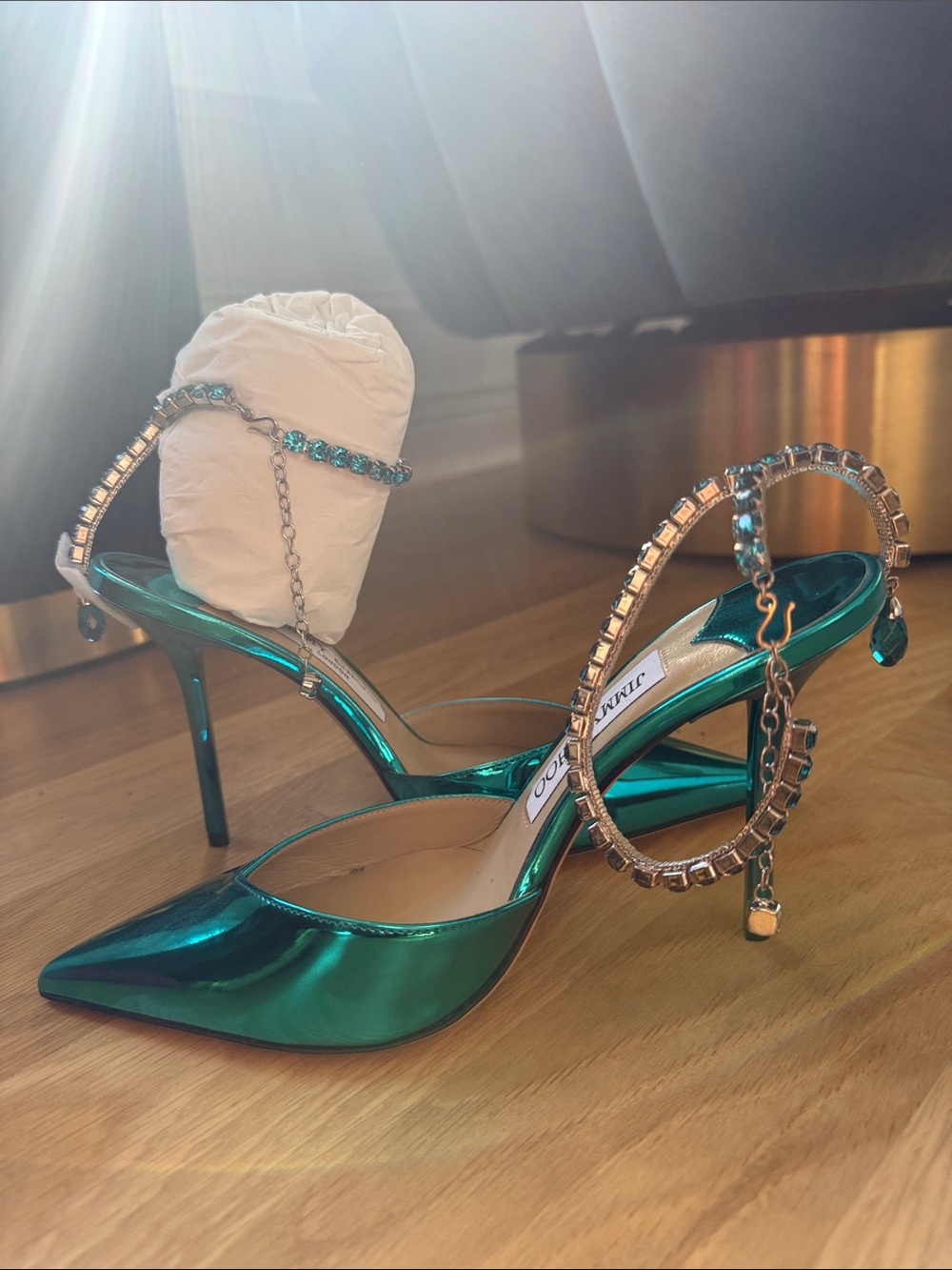 Jimmy Choo Saeda 100 Metallic Teal Pointed Toe Heels with Crystal Anklet - Picture 10 of 16